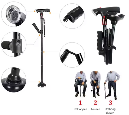 Hoogwaardige wandelstok met LED-licht | Extra steun | Stevige poot